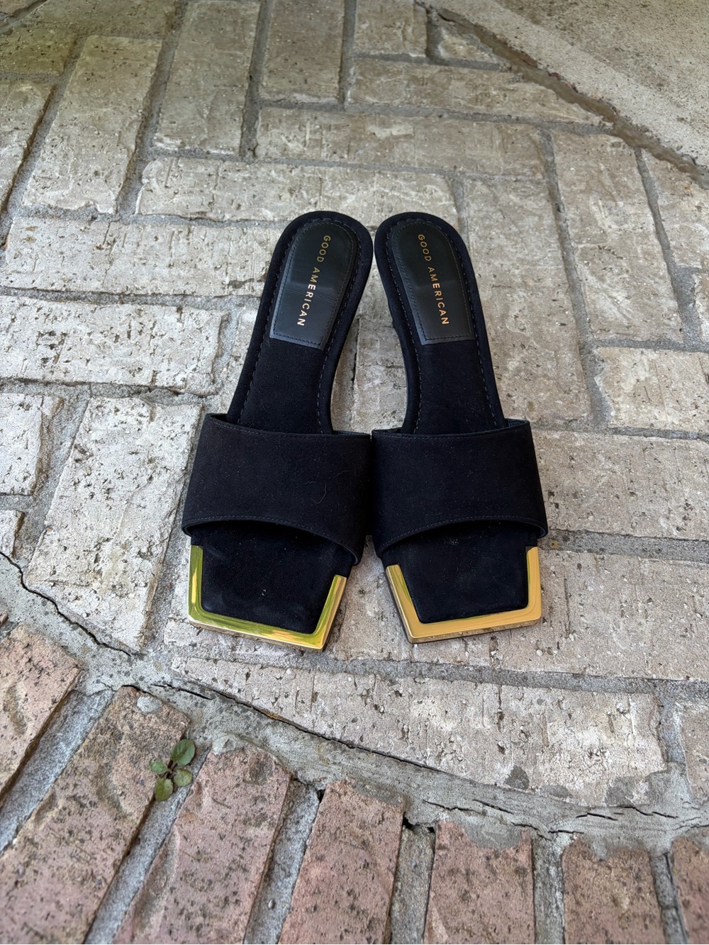 Good American Black Suede Slide Mules with Gold Trim - Picture 2 of 7